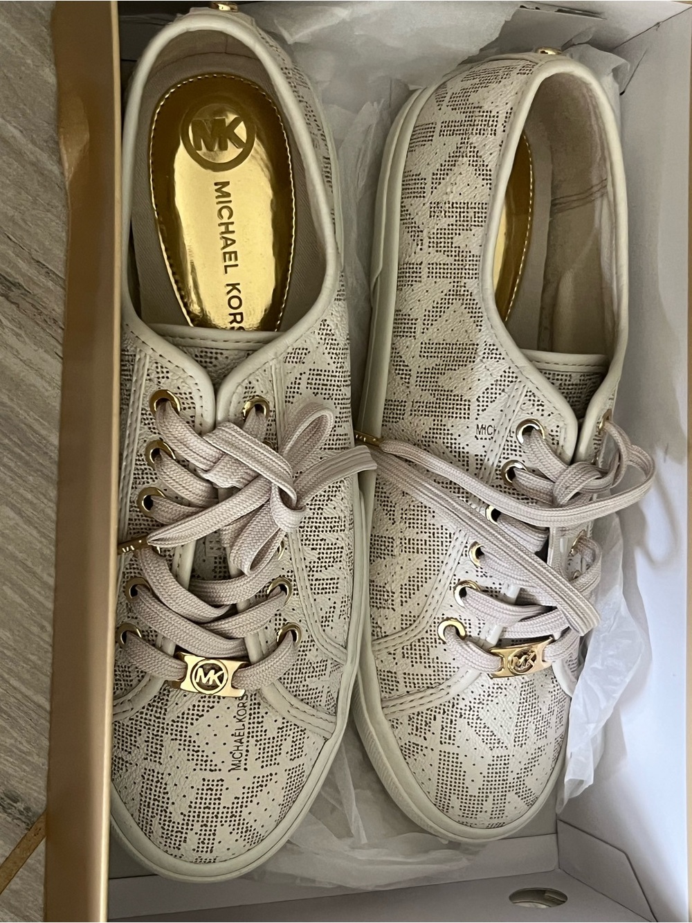 Michael Kors Off-White Monogram Lace-Up Sneakers with Gold Accents